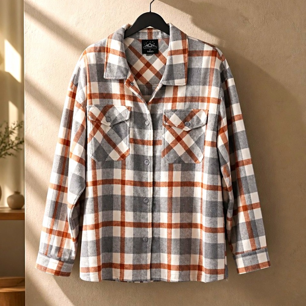 HFX Mens Plaid Flannel Button-Up Long Sleeve Shirt Jacket Pockets L Gray